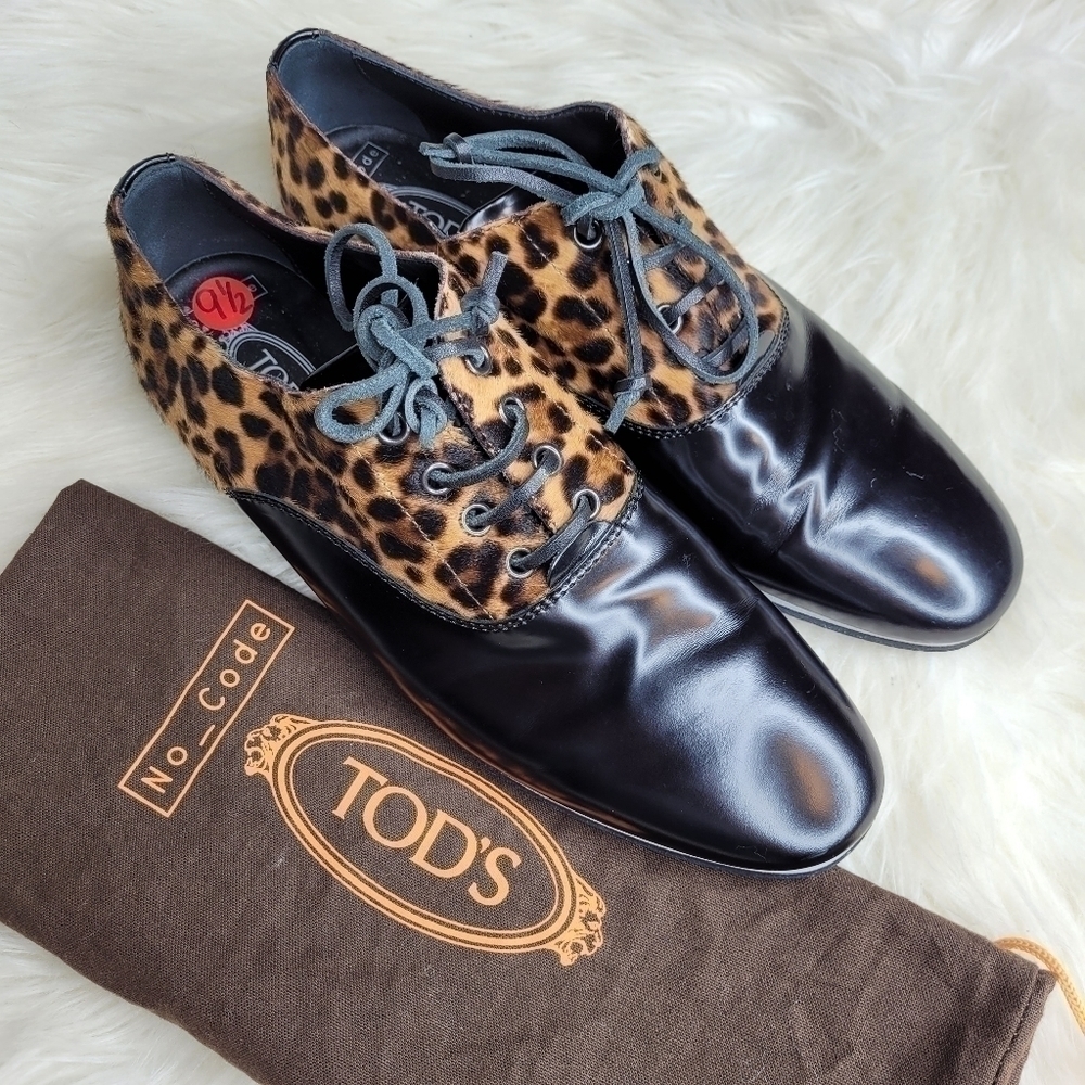 Tod's Leather Calf Hair Leopard Oxford Shoes - Picture 3 of 15
